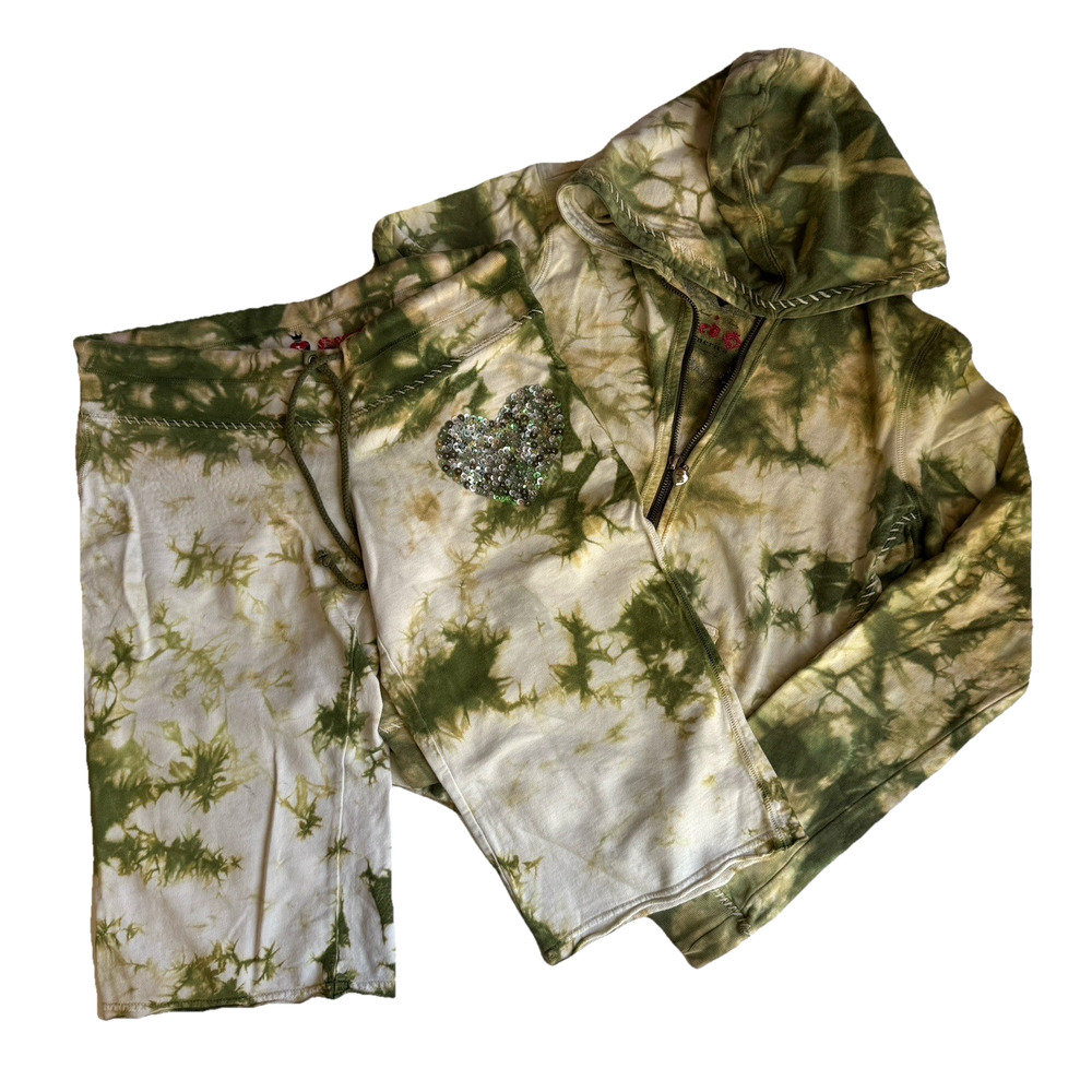 Y2K Twisted Full Zip Heart Hoodie Lounge Shorts Tie Dye Bling Sequin Heart